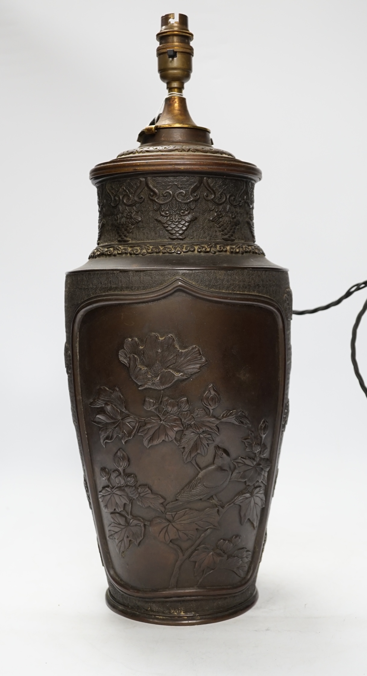 A Japanese bronze vase, converted to a lamp, 52cm high